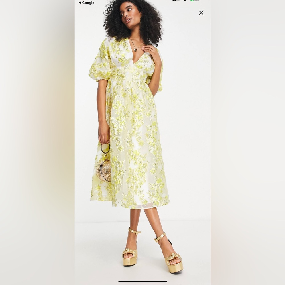 Pleated Jacquard Metallic Yellow Puff Sleeves MIDI Holiday Christmas‎ Dress 6